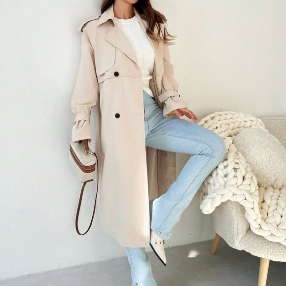 Khaki Elegant Women's Cinched Waist Double Breasted Mid-Length Trench Coat - Picture 4 of 8